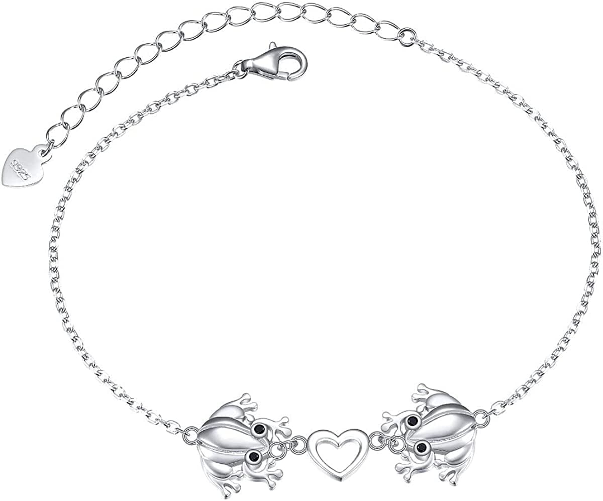 S925 Sterling Silver Frog Heart Necklace Ring Bracelet Earrings Jewelry Set for Women Girl Bracelet