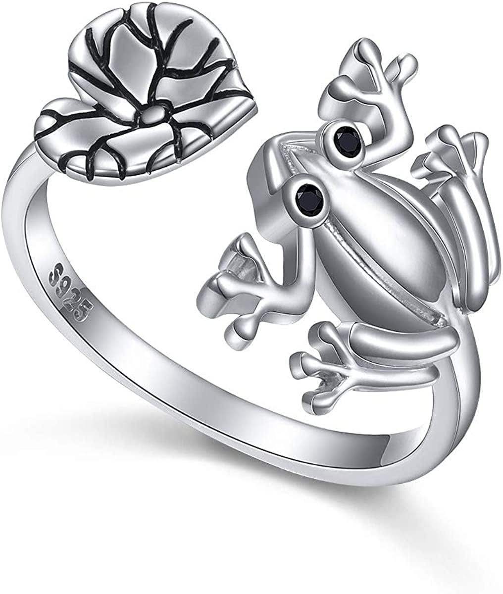 S925 Sterling Silver Frog Heart Necklace Ring Bracelet Earrings Jewelry Set for Women Girl Frog Ring Size 6