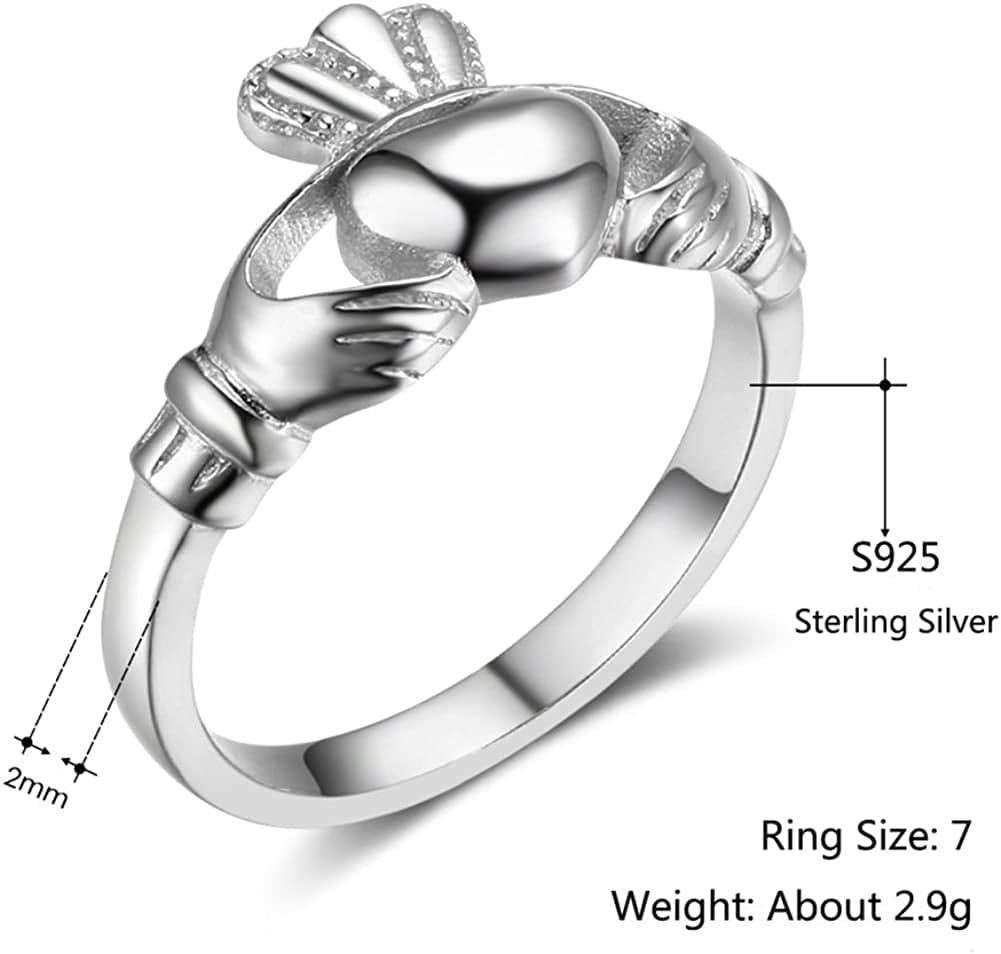 S925 Sterling Silver Irish Ladies' Claddagh Ring, Size 6 7 8 9