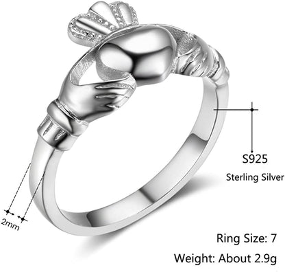 S925 Sterling Silver Irish Ladies' Claddagh Ring, Size 6 7 8 9