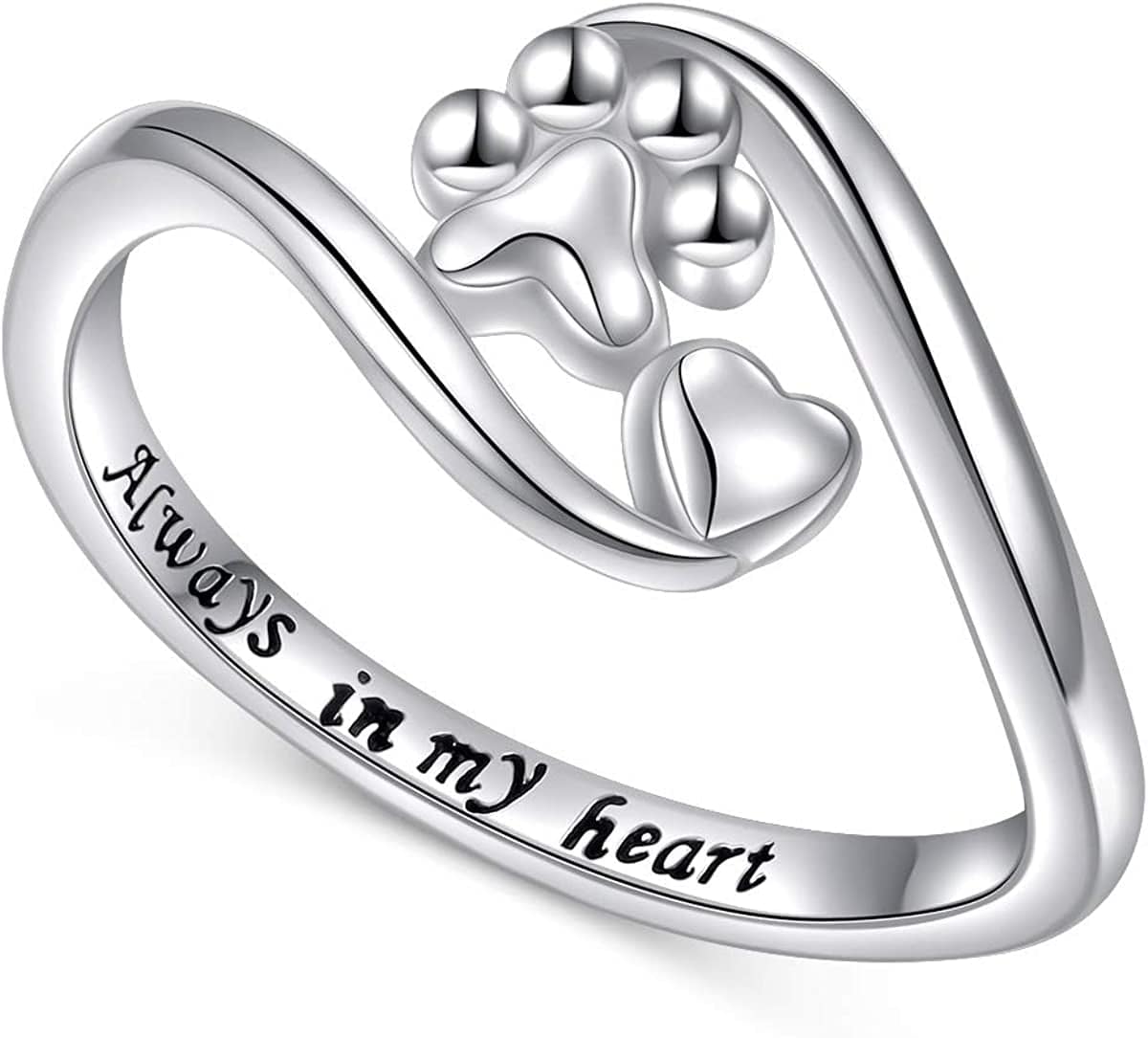 S925 Sterling Silver Jewelry Puppy Dog Cat Pet Paw Print Ring Size 6,7,8 Heart and paw / 10