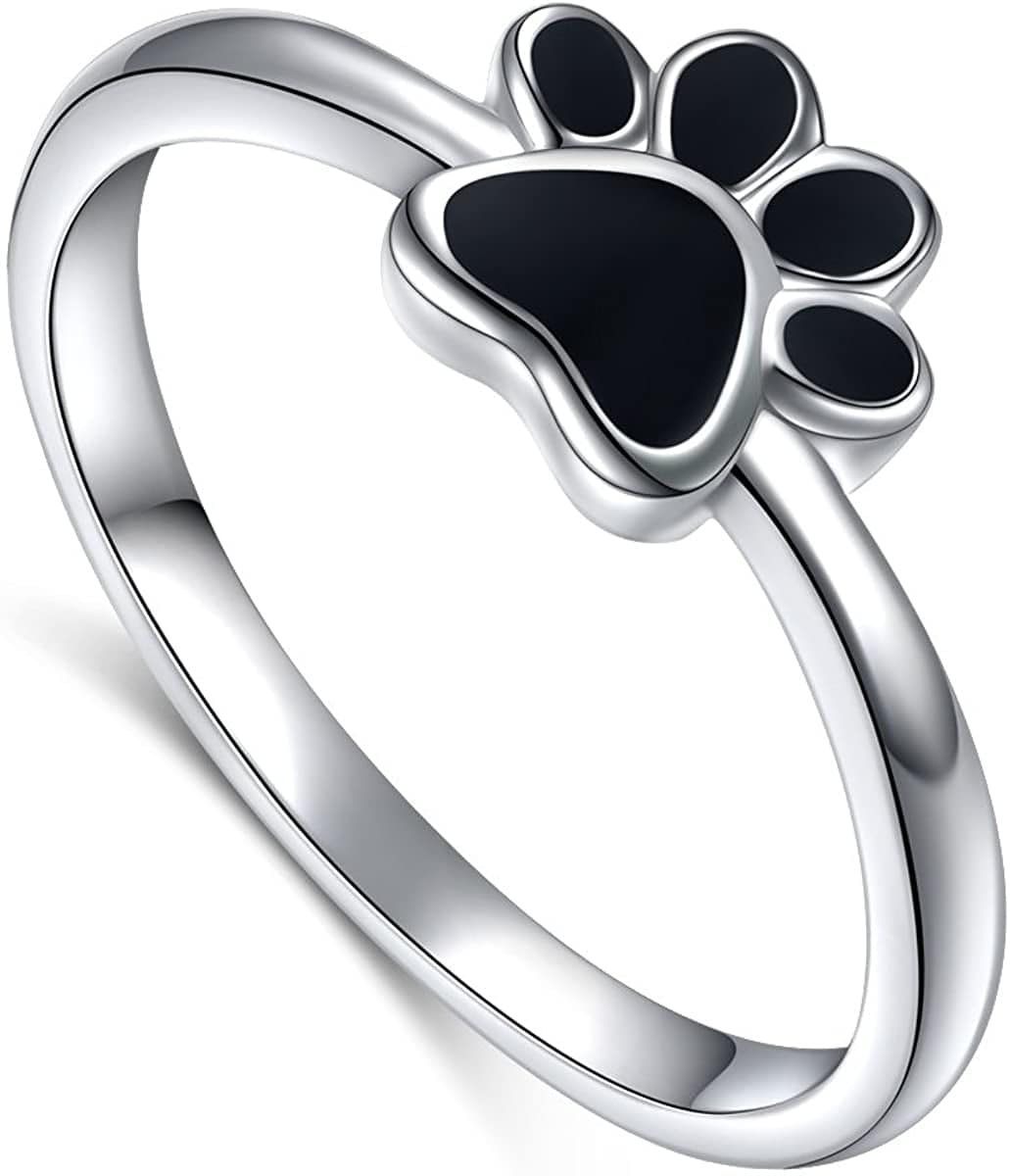 S925 Sterling Silver Jewelry Puppy Dog Cat Pet Paw Print Ring Size 6,7,8 Black / 6