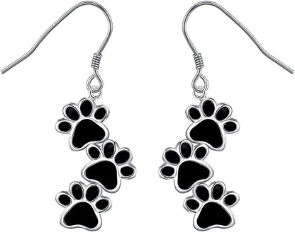 S925 Sterling Silver Jewelry Puppy Dog Cat Pet Paw Print Stud Earrings (Black Dangle)