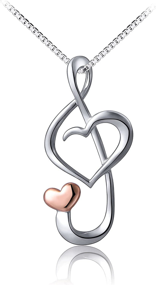 S925 Sterling Silver Musical Note Pendant Necklace, Box Chain 18 Inches 01_Musical Note Love Heart