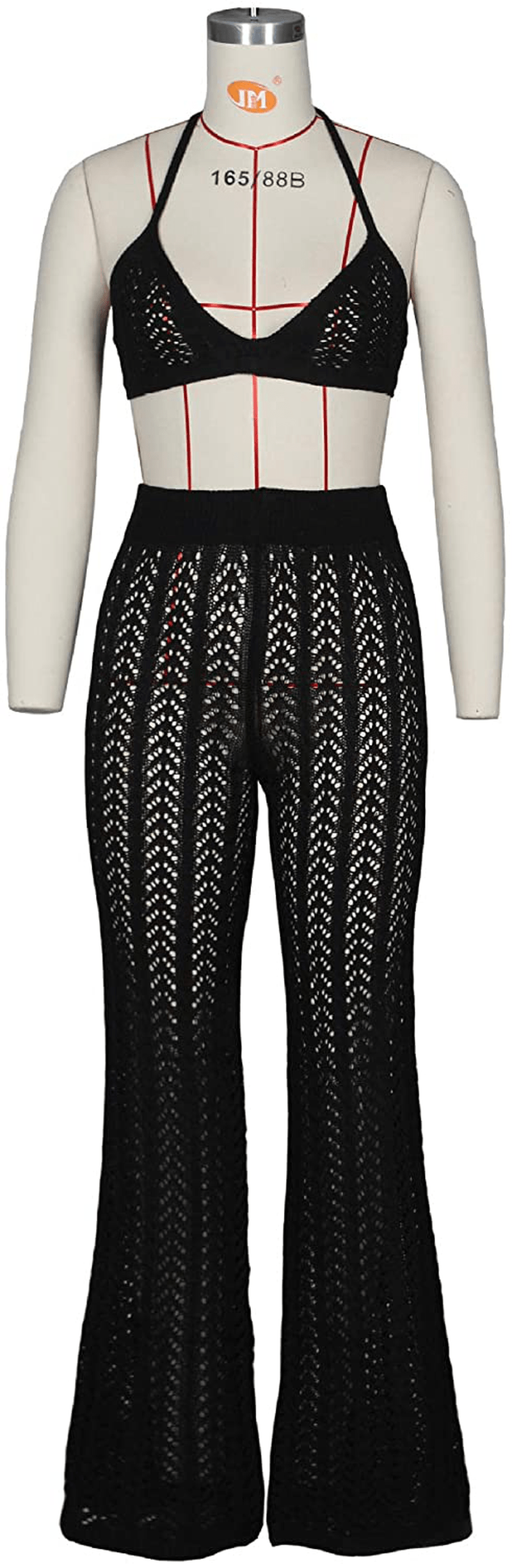 Salimdy Women Hollow Out Knitted See through 2 Piece Outfits Halter Bandeau Top Long Pant Bikini Cover Up Apparel & Accessories > Clothing > Swimwear Kylie Max   