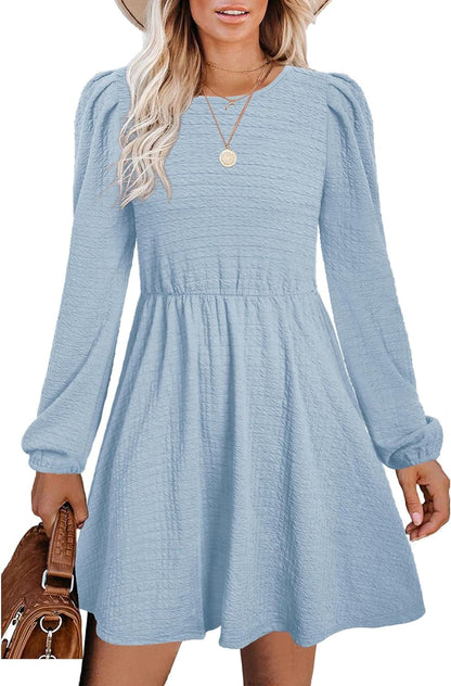 SAMPEEL Women'S Fall Long Puff Sleeve round Neck High Waist Casual Party Dresses Light Blue / X-Large