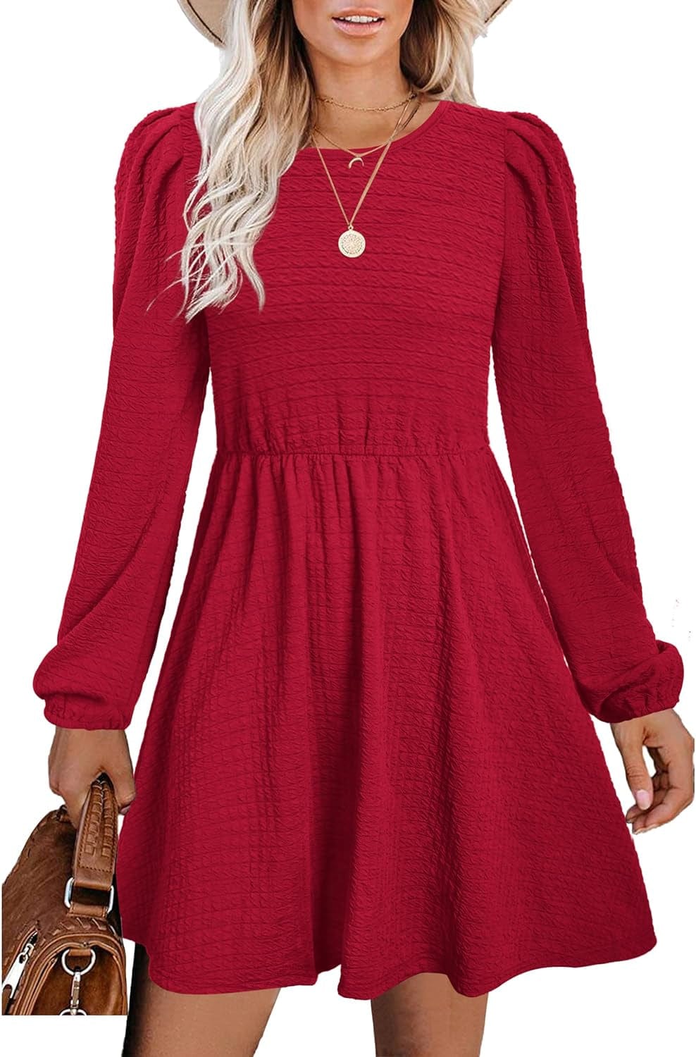SAMPEEL Women'S Fall Long Puff Sleeve round Neck High Waist Casual Party Dresses Burgundy / Xx-Large