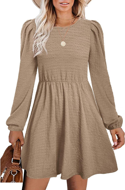 SAMPEEL Women'S Fall Long Puff Sleeve round Neck High Waist Casual Party Dresses Khaki / Small