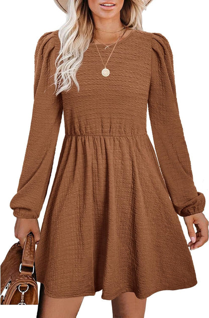 SAMPEEL Women'S Fall Long Puff Sleeve round Neck High Waist Casual Party Dresses A Caramel / Xx-Large