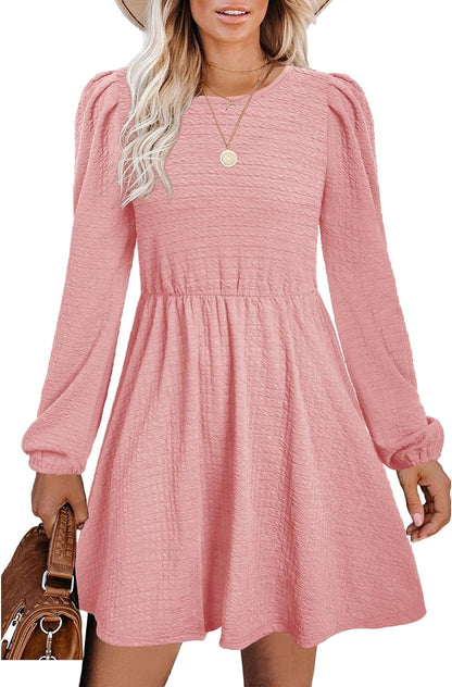SAMPEEL Women'S Fall Long Puff Sleeve round Neck High Waist Casual Party Dresses Pink / Medium