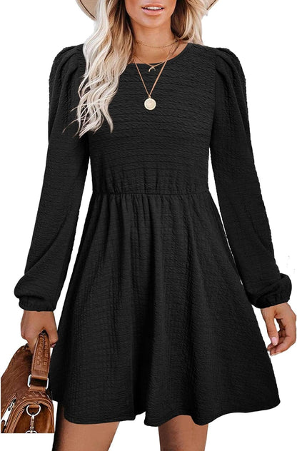 SAMPEEL Women'S Fall Long Puff Sleeve round Neck High Waist Casual Party Dresses A Black / Small