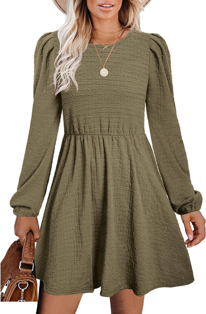 SAMPEEL Women'S Fall Long Puff Sleeve round Neck High Waist Casual Party Dresses Olive Green / X-Small