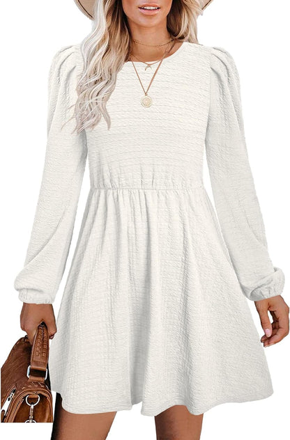 SAMPEEL Women'S Fall Long Puff Sleeve round Neck High Waist Casual Party Dresses White / Small