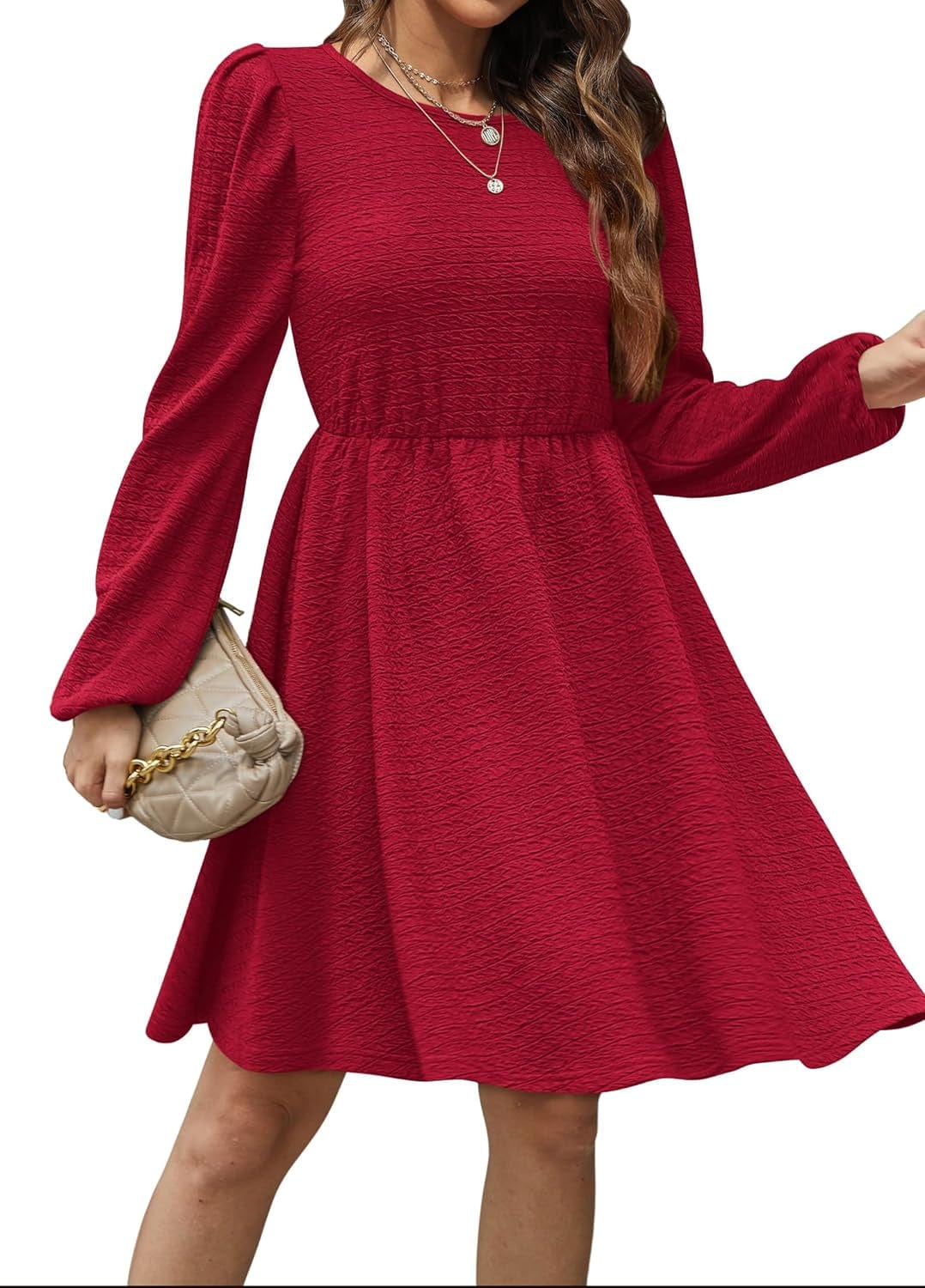 SAMPEEL Women'S Fall Long Puff Sleeve round Neck High Waist Casual Party Dresses