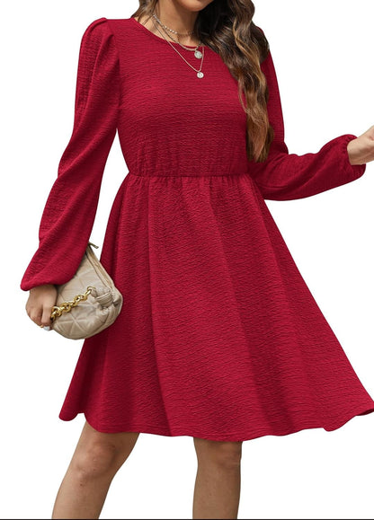 SAMPEEL Women'S Fall Long Puff Sleeve round Neck High Waist Casual Party Dresses