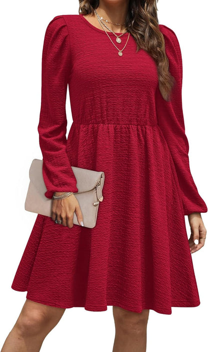 SAMPEEL Women'S Fall Long Puff Sleeve round Neck High Waist Casual Party Dresses