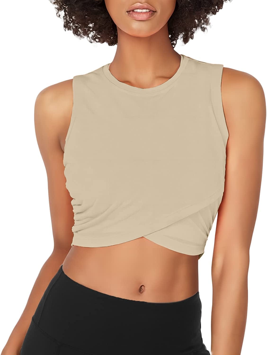 Sanutch Dance Tops Fitted Workout Crop Tops Yoga Tank Tops Athletic Sports Shirts for Women Beige / X-Large