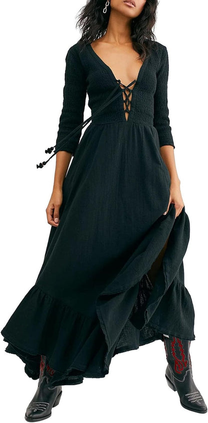 Sawakaka Women Boho Flowy Maxi Dress for Women Casual Puff Long Sleeve V Neck Embroidered Swing Tiered Free Beach Long Dress A-Black / Large