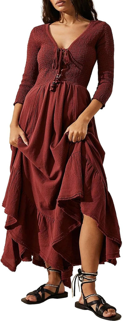 Sawakaka Women Boho Flowy Maxi Dress for Women Casual Puff Long Sleeve V Neck Embroidered Swing Tiered Free Beach Long Dress A-Rose Red / Large