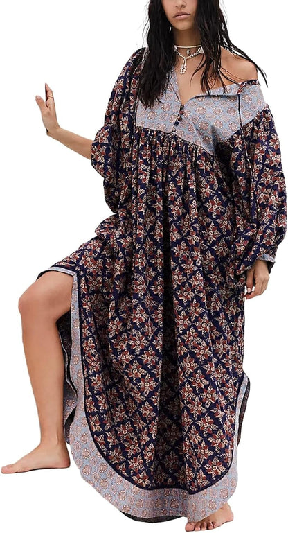 Sawakaka Women Boho Flowy Maxi Dress for Women Casual Puff Long Sleeve V Neck Embroidered Swing Tiered Free Beach Long Dress Deep Blue / Medium