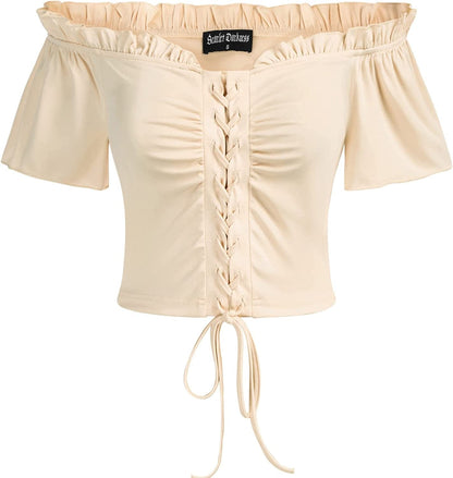 Scarlet Darkness Women Renaissance Peasant Crop Top off Shoulder Lace-Up Blouse Apriot / X-Large