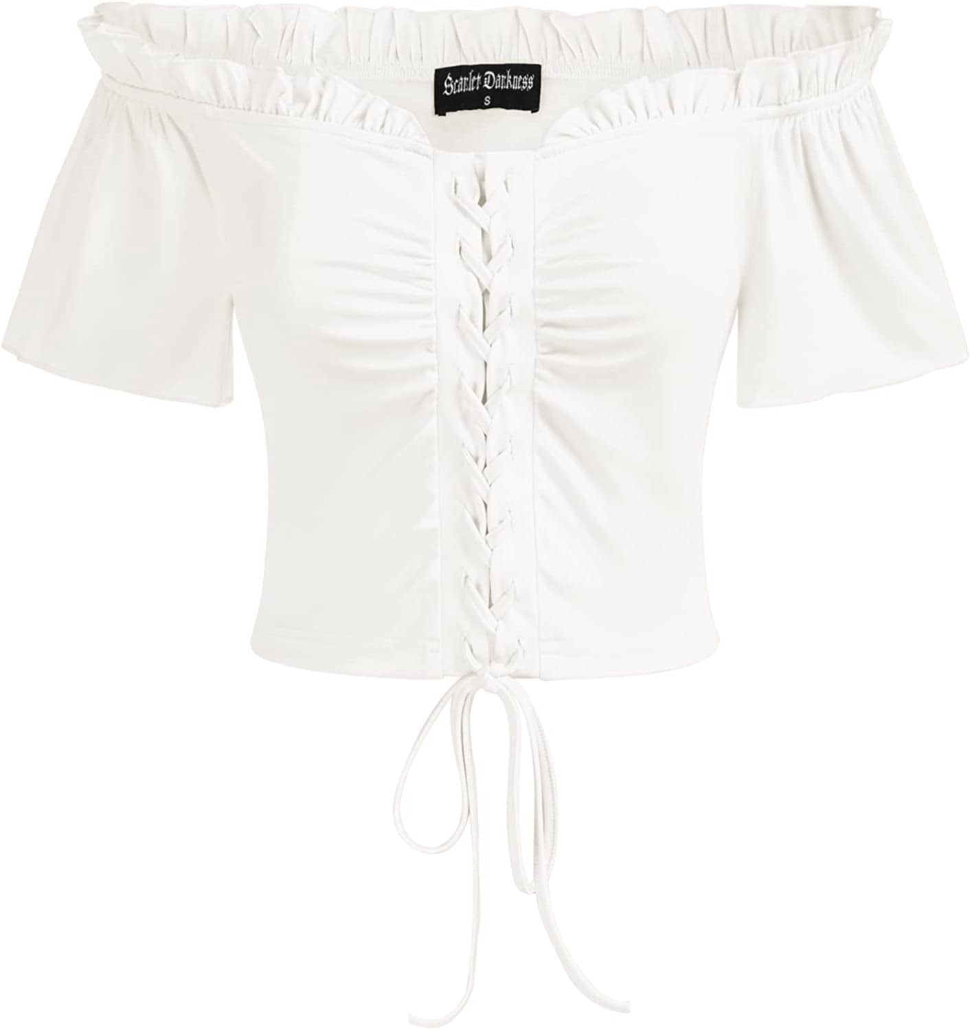 Scarlet Darkness Women Renaissance Peasant Crop Top off Shoulder Lace-Up Blouse White-lace Up / X-Large