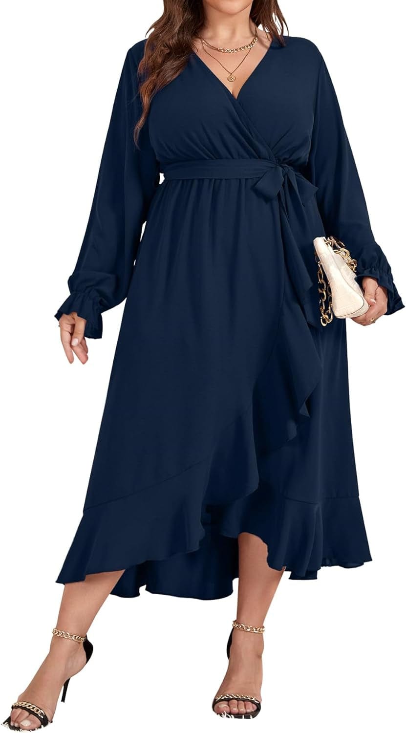 SCOMCHIC Women plus Size Maxi Dress Long Sleeve Wrap V Neck High Low Split Ruffle Long Dress with Belt Navy Blue / 3X-Large Plus