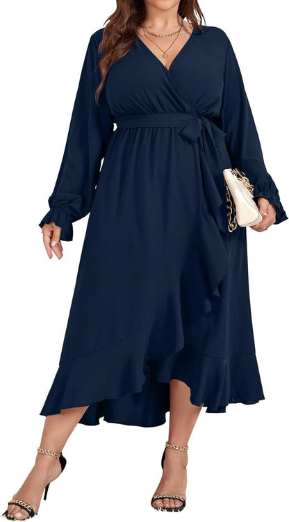 SCOMCHIC Women plus Size Maxi Dress Long Sleeve Wrap V Neck High Low Split Ruffle Long Dress with Belt Navy Blue / 3X-Large Plus