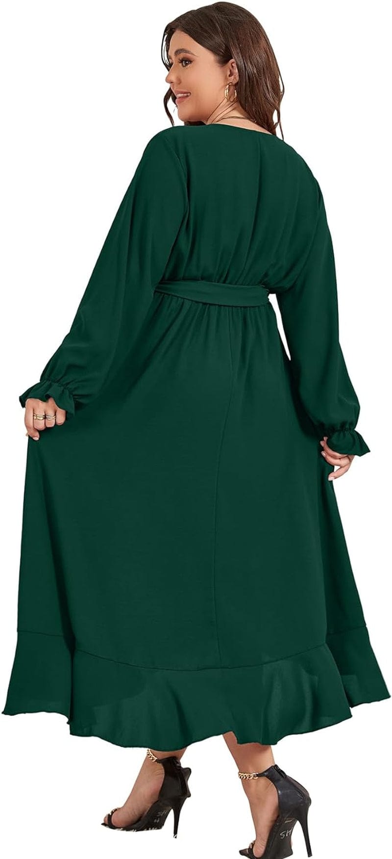SCOMCHIC Women plus Size Maxi Dress Long Sleeve Wrap V Neck High Low Split Ruffle Long Dress with Belt