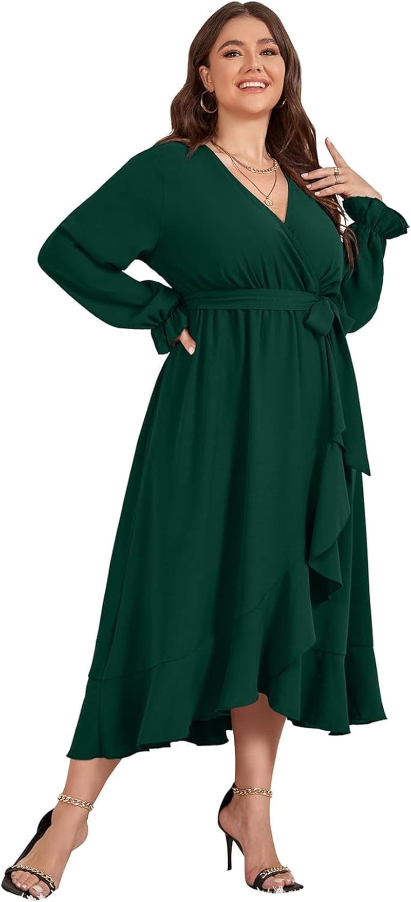 SCOMCHIC Women plus Size Maxi Dress Long Sleeve Wrap V Neck High Low Split Ruffle Long Dress with Belt
