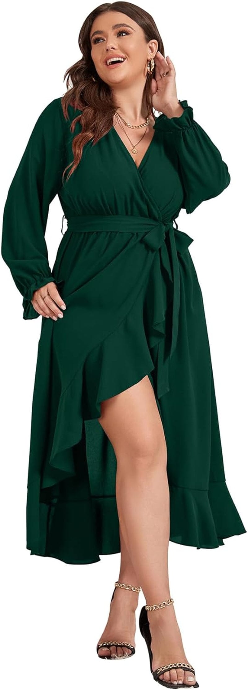 SCOMCHIC Women plus Size Maxi Dress Long Sleeve Wrap V Neck High Low Split Ruffle Long Dress with Belt