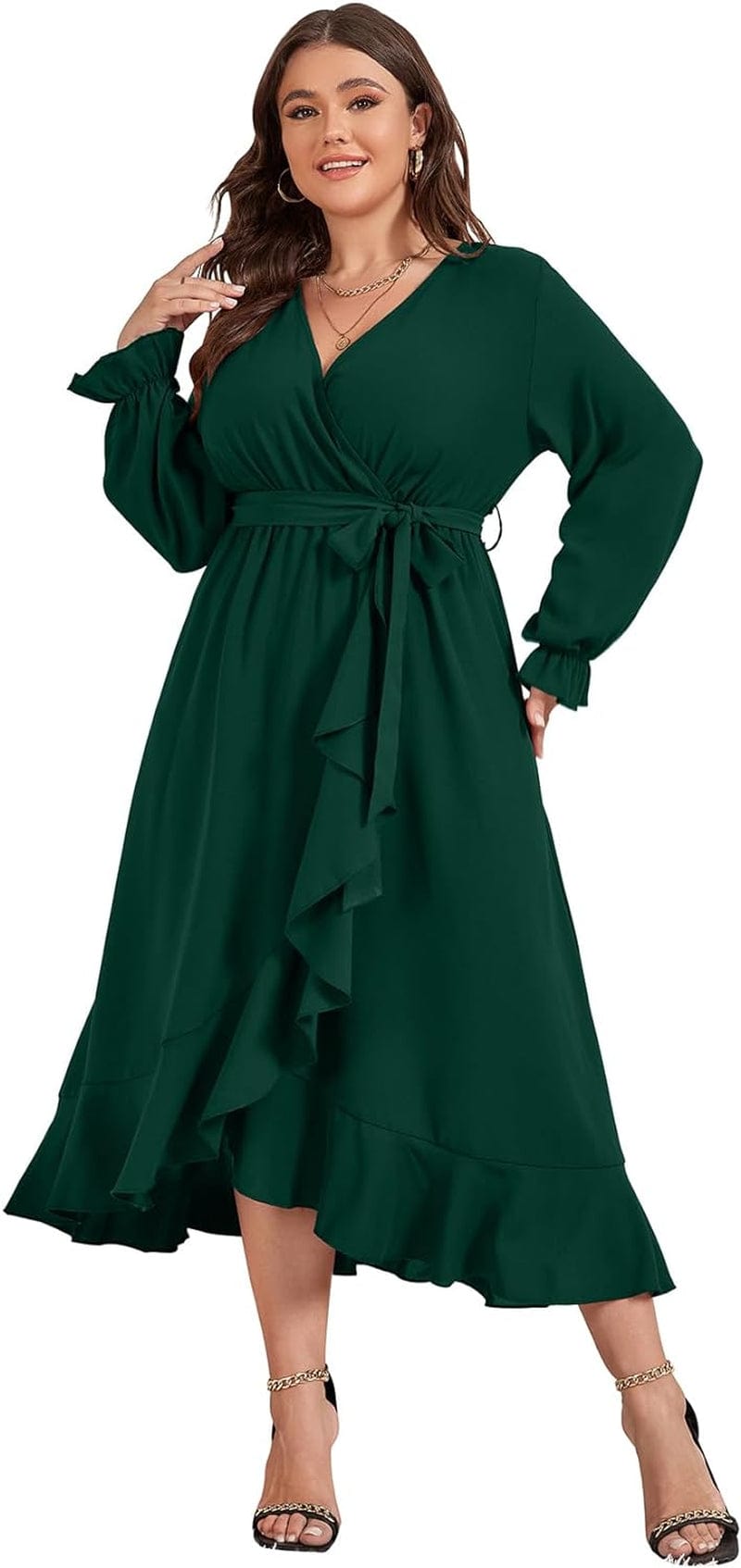SCOMCHIC Women plus Size Maxi Dress Long Sleeve Wrap V Neck High Low Split Ruffle Long Dress with Belt