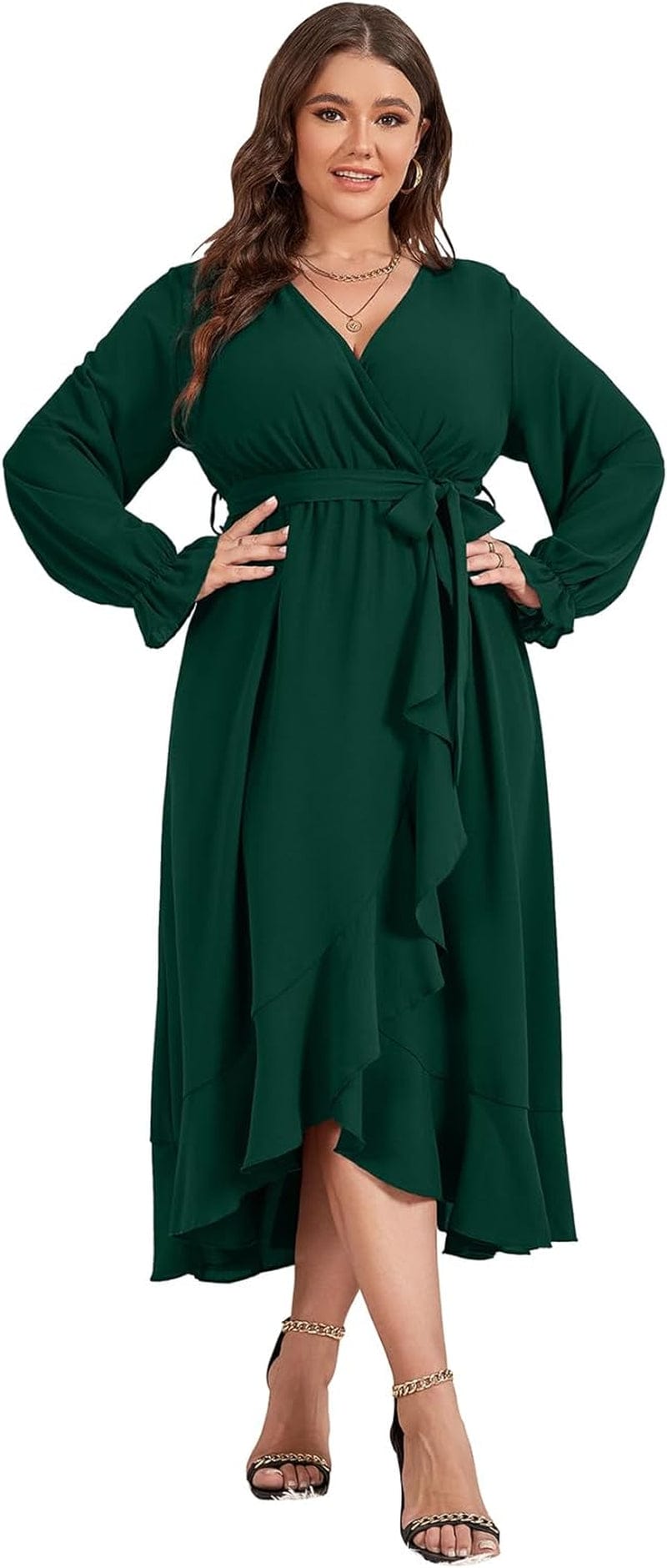 SCOMCHIC Women plus Size Maxi Dress Long Sleeve Wrap V Neck High Low Split Ruffle Long Dress with Belt