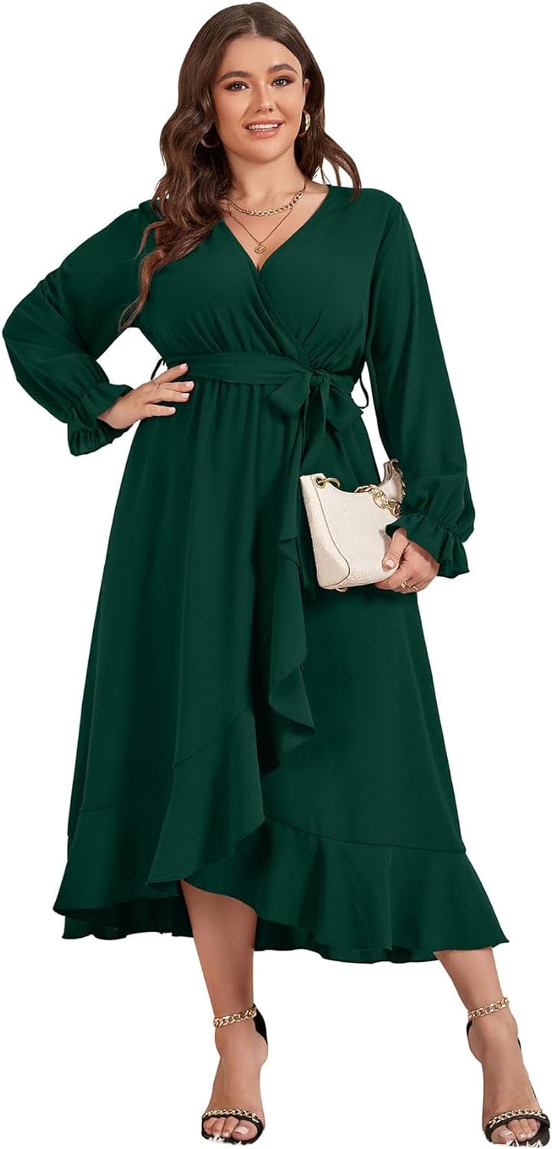 SCOMCHIC Women plus Size Maxi Dress Long Sleeve Wrap V Neck High Low Split Ruffle Long Dress with Belt