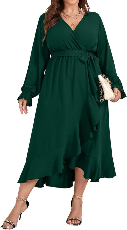 SCOMCHIC Women plus Size Maxi Dress Long Sleeve Wrap V Neck High Low Split Ruffle Long Dress with Belt