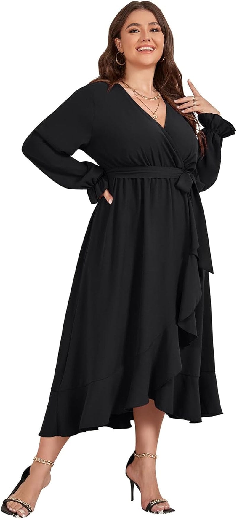 SCOMCHIC Women plus Size Maxi Dress Long Sleeve Wrap V Neck High Low Split Ruffle Long Dress with Belt