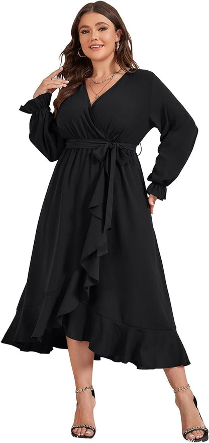 SCOMCHIC Women plus Size Maxi Dress Long Sleeve Wrap V Neck High Low Split Ruffle Long Dress with Belt