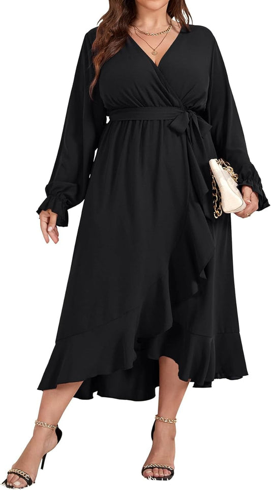 SCOMCHIC Women plus Size Maxi Dress Long Sleeve Wrap V Neck High Low Split Ruffle Long Dress with Belt