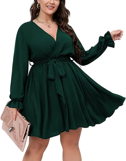 SCOMCHIC Women'S plus Size Long Sleeve Wrap V Neck Tie Waist a Line Mini Short Dress Emerald Green / 4X-Large Plus