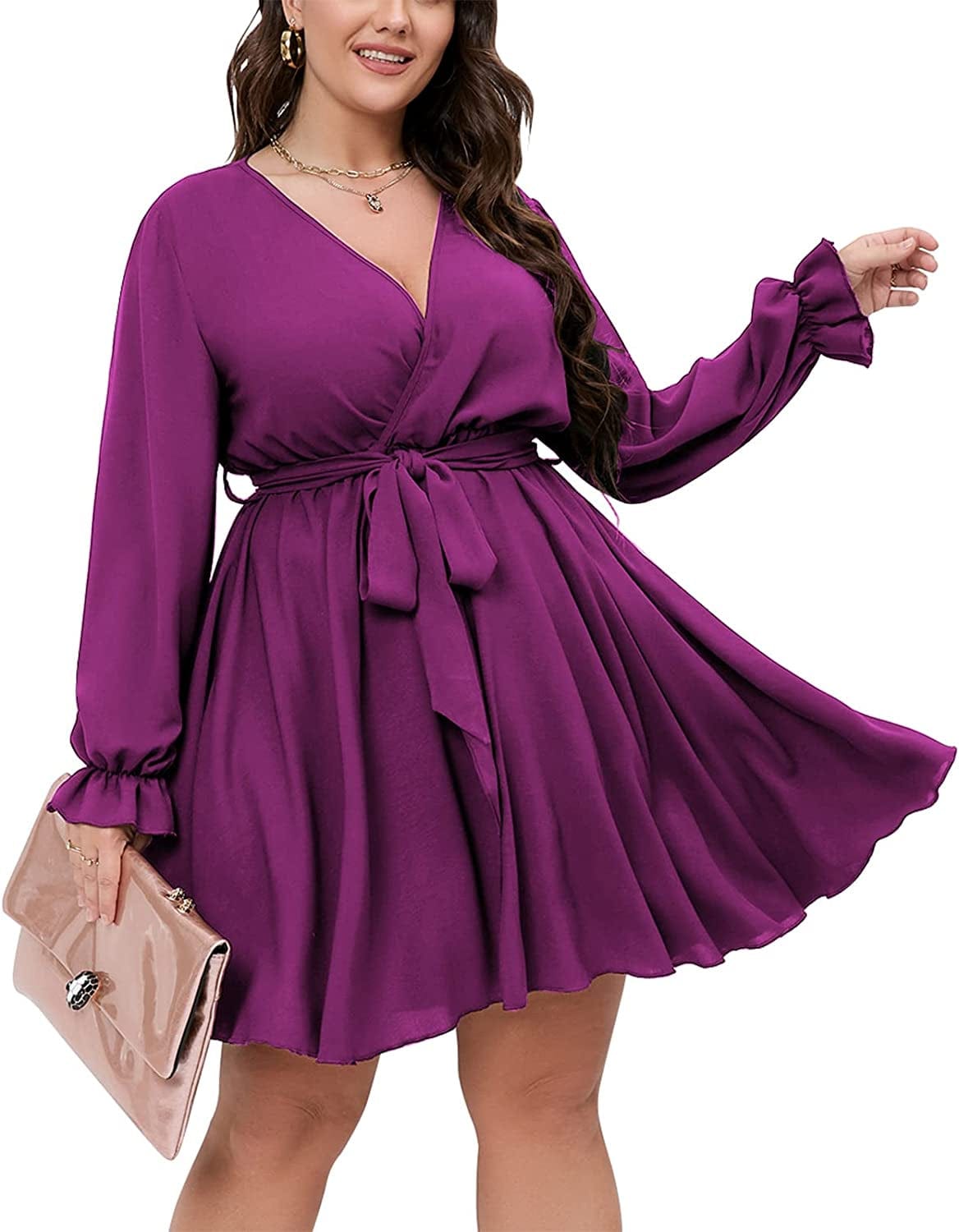 SCOMCHIC Women'S plus Size Long Sleeve Wrap V Neck Tie Waist a Line Mini Short Dress Purple / X-Large Plus