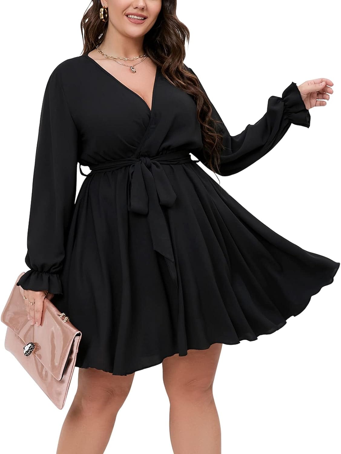 SCOMCHIC Women'S plus Size Long Sleeve Wrap V Neck Tie Waist a Line Mini Short Dress Black / X-Large Plus
