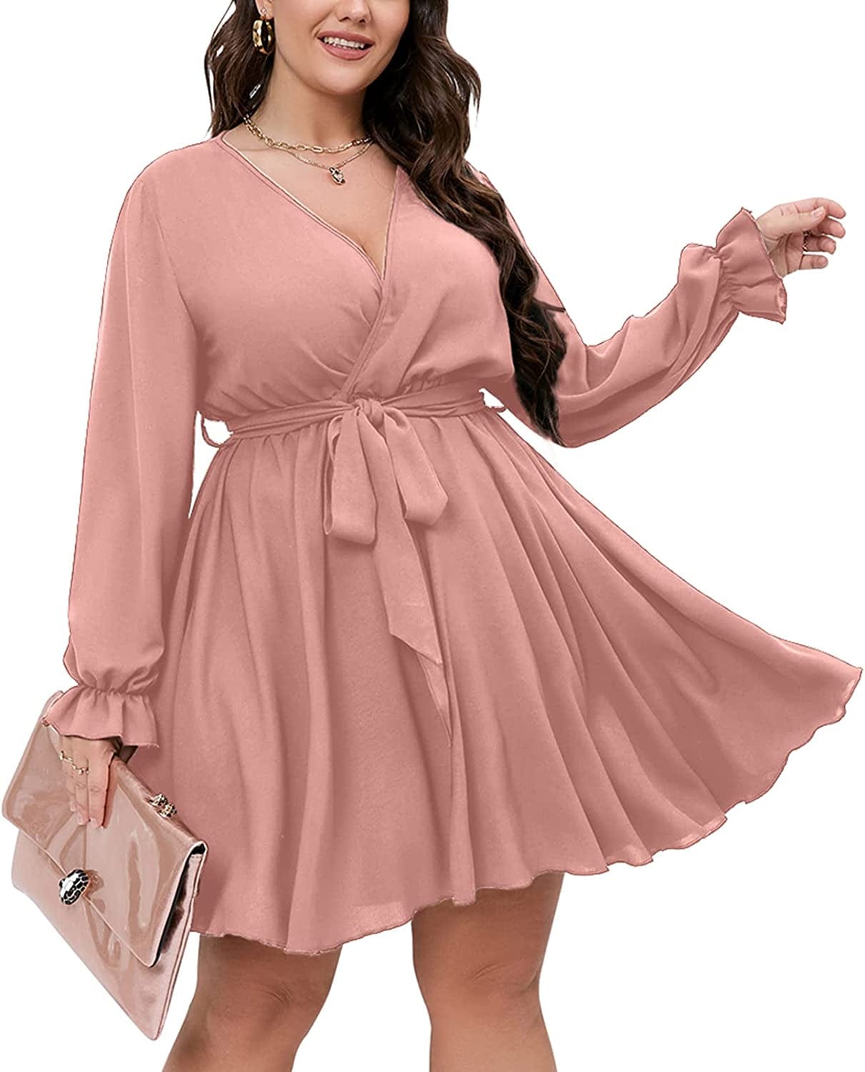 SCOMCHIC Women'S plus Size Long Sleeve Wrap V Neck Tie Waist a Line Mini Short Dress Pink / X-Large Plus