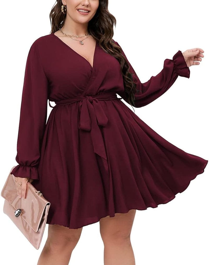 SCOMCHIC Women'S plus Size Long Sleeve Wrap V Neck Tie Waist a Line Mini Short Dress Burgundy / X-Large Plus