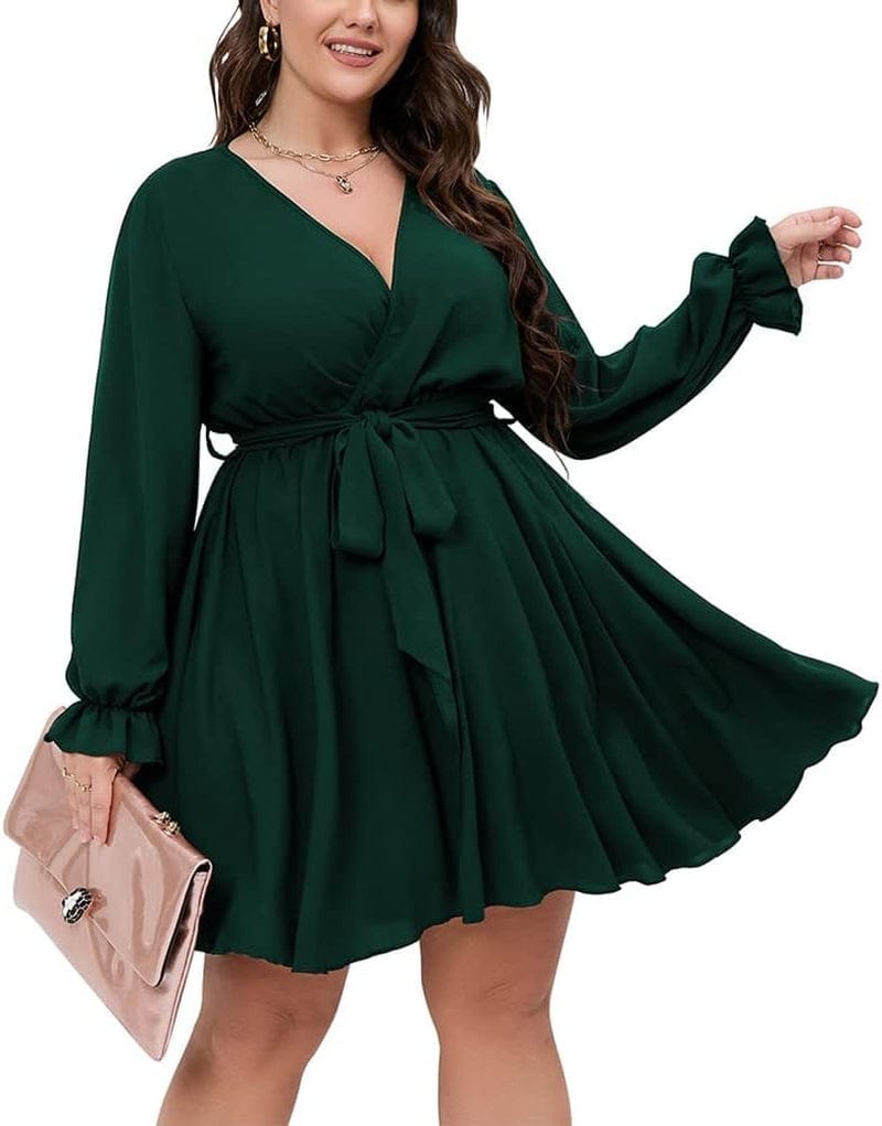 SCOMCHIC Women'S plus Size Long Sleeve Wrap V Neck Tie Waist a Line Mini Short Dress Emerald Green / X-Large Plus