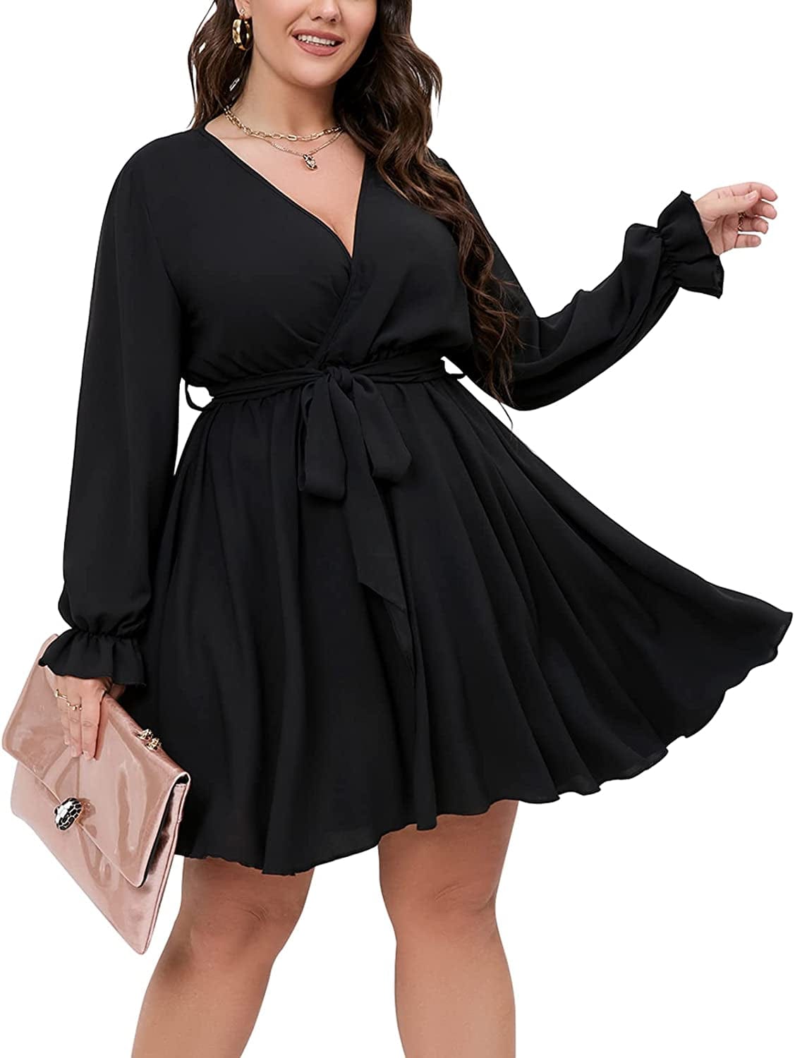 SCOMCHIC Women'S plus Size Long Sleeve Wrap V Neck Tie Waist a Line Mini Short Dress Black / Xx-Large Plus