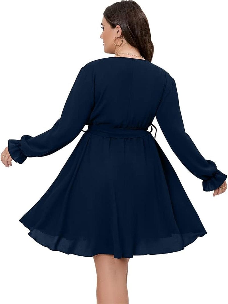 SCOMCHIC Women'S plus Size Long Sleeve Wrap V Neck Tie Waist a Line Mini Short Dress