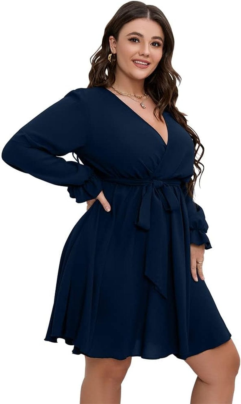 SCOMCHIC Women'S plus Size Long Sleeve Wrap V Neck Tie Waist a Line Mini Short Dress