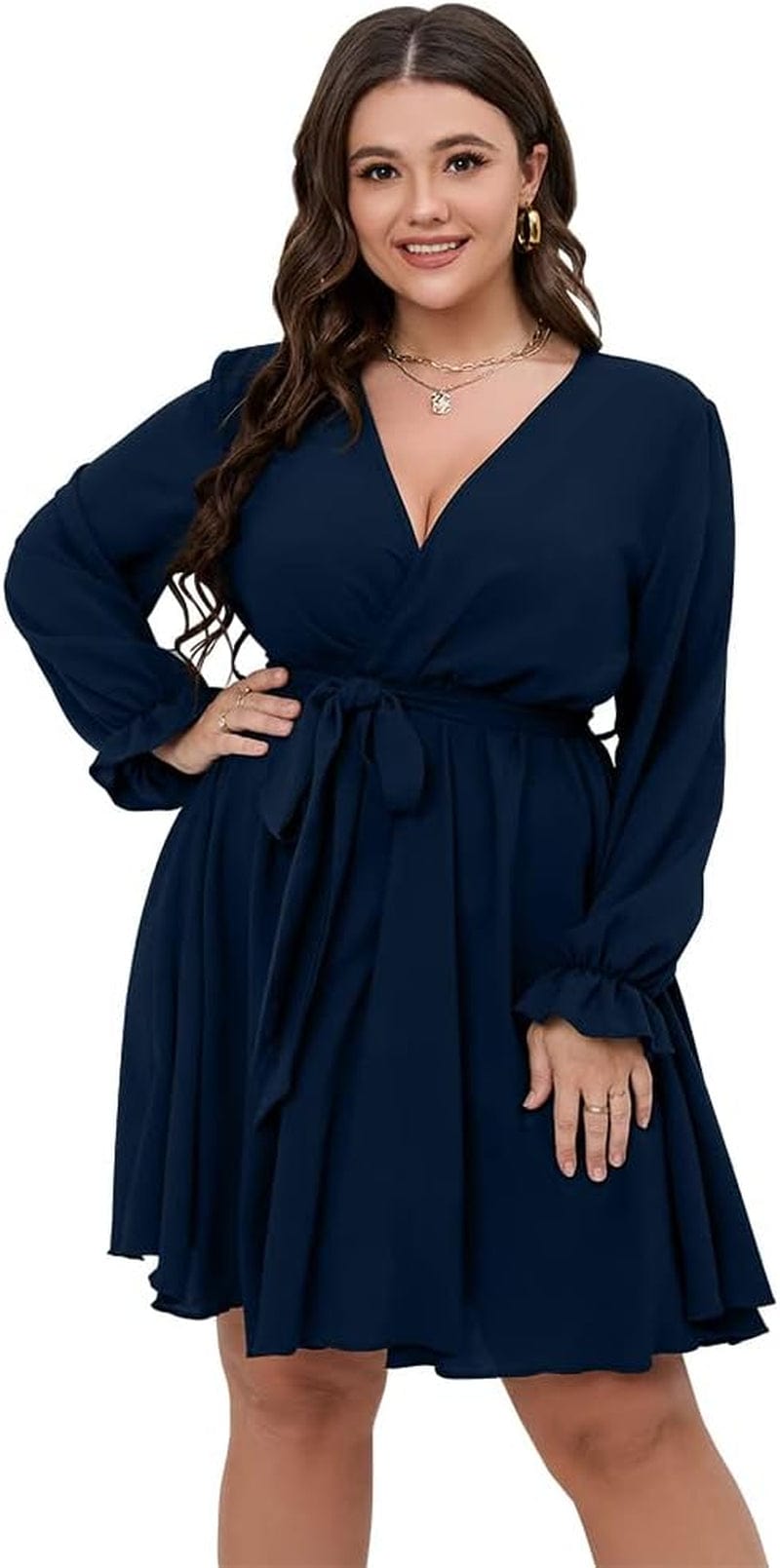 SCOMCHIC Women'S plus Size Long Sleeve Wrap V Neck Tie Waist a Line Mini Short Dress