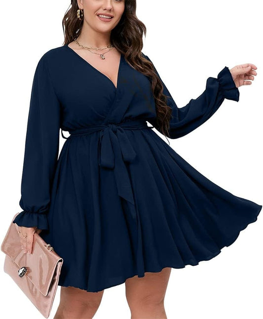 SCOMCHIC Women'S plus Size Long Sleeve Wrap V Neck Tie Waist a Line Mini Short Dress