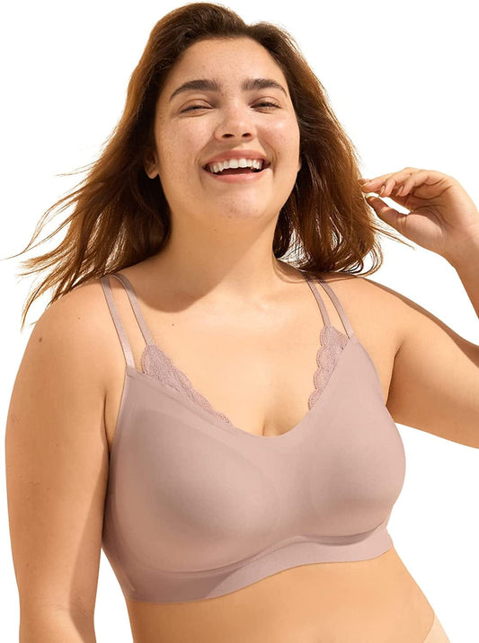 Seamless Bra 7-24Hour Comfort Fixed Pad Wireless Bras for Women,Lace Bra Triangle,Full Coverage Bralettes for Women Mink / X-Large